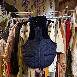 Free People Navy Blue Corset-Cut Windbreaker Vest with Velvet Details